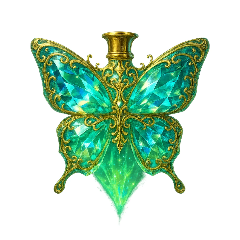 very close to original: crystal luxurious butterfly-shaped bottle with short gold neck (no crown), many facets, glowing, light refractions, green (#c0ff53) and blue colors, more golden details, more decorations, ornaments, glowing, magical effects, premium class impression. Bottle clearly floating in the air, no base or shadow, transparent background, beautiful merging bottom. sticker