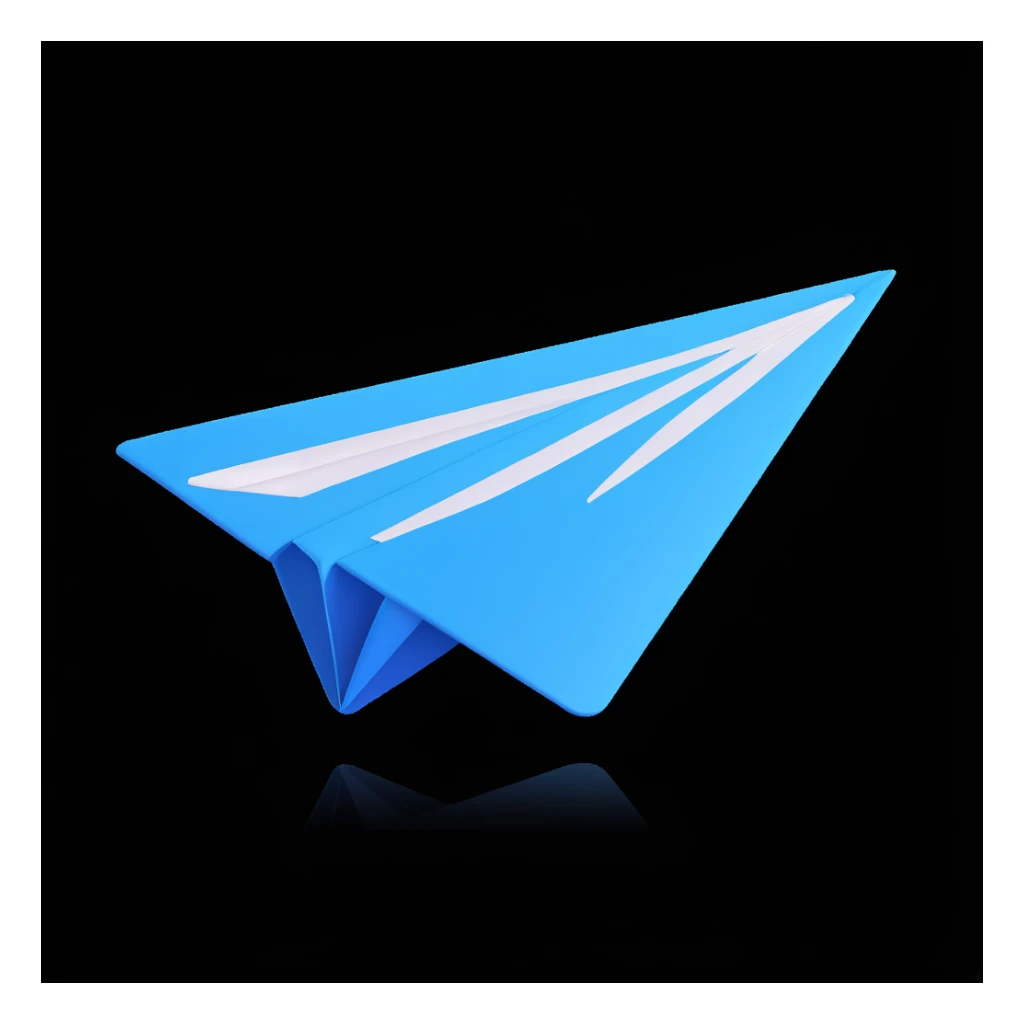 Telegram paper plane icon, 3D style, glossy finish, blue and white, soft shadow, on white background sticker