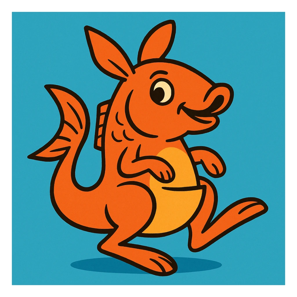 an orange fish with kangaroo features, playful, cartoon style sticker