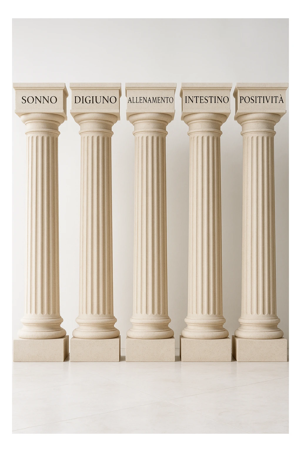 5 pilastri con le scritte "SONNO", "DIGIUNO", "ALLENAMENTO", "INTESTINO", "POSITIVITà" IMMAGINE IPERREALISTICA SFONDO CHIARO IN ITALIANO sticker