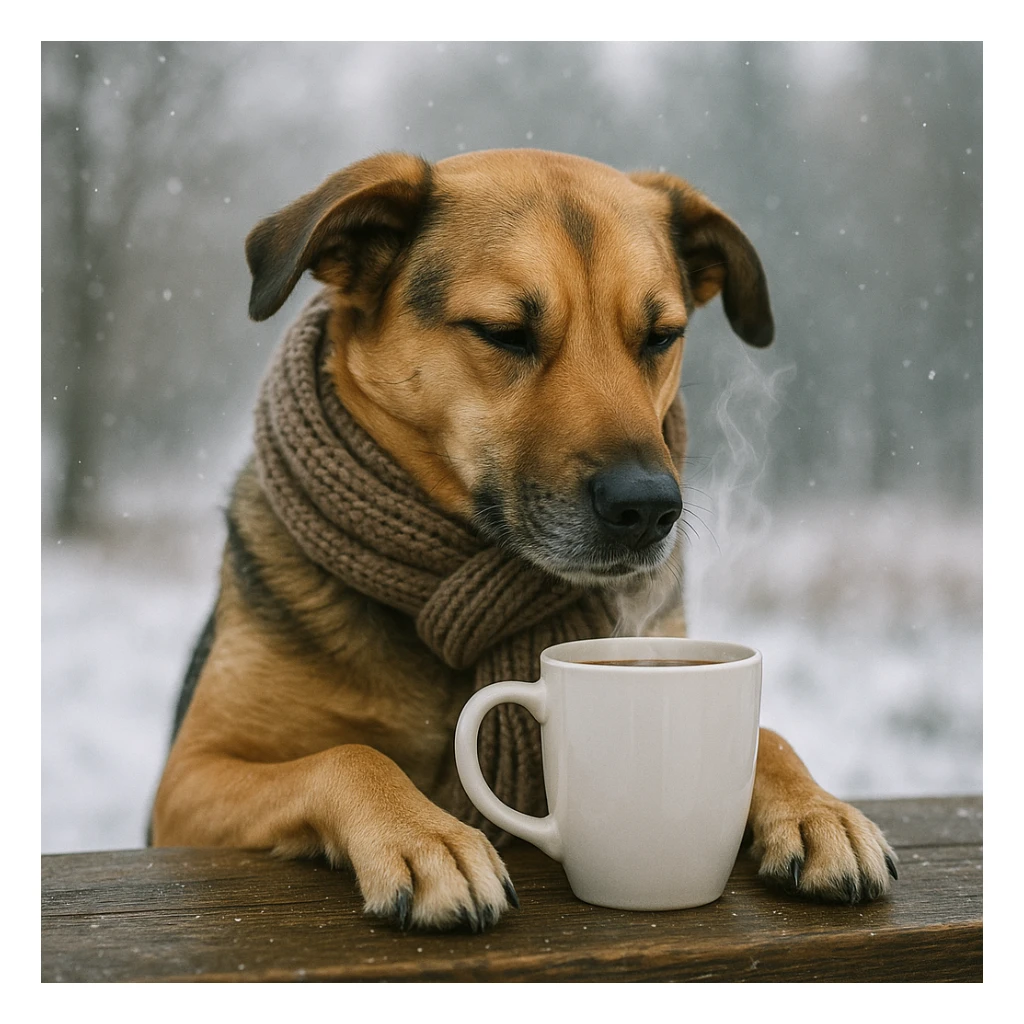A dog drinking a cup of coffee, outside is cold sticker
