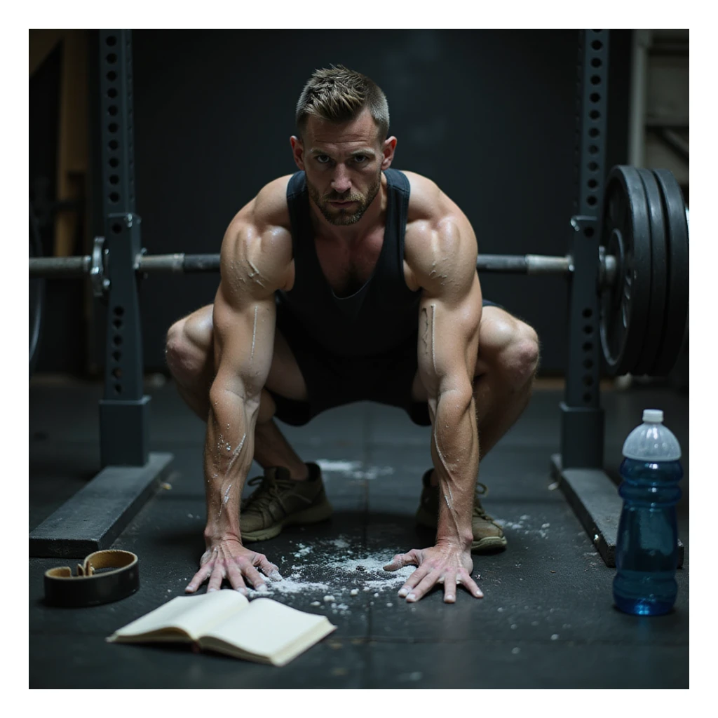 athletic man in early 30s, performing heavy deadlift, visible sweat, hands with chalk, training diary nearby, dark circles and redness on joints, water bottle, magnesium, belt on floor, blurred gym background, cold lighting, cinematic realism style sticker