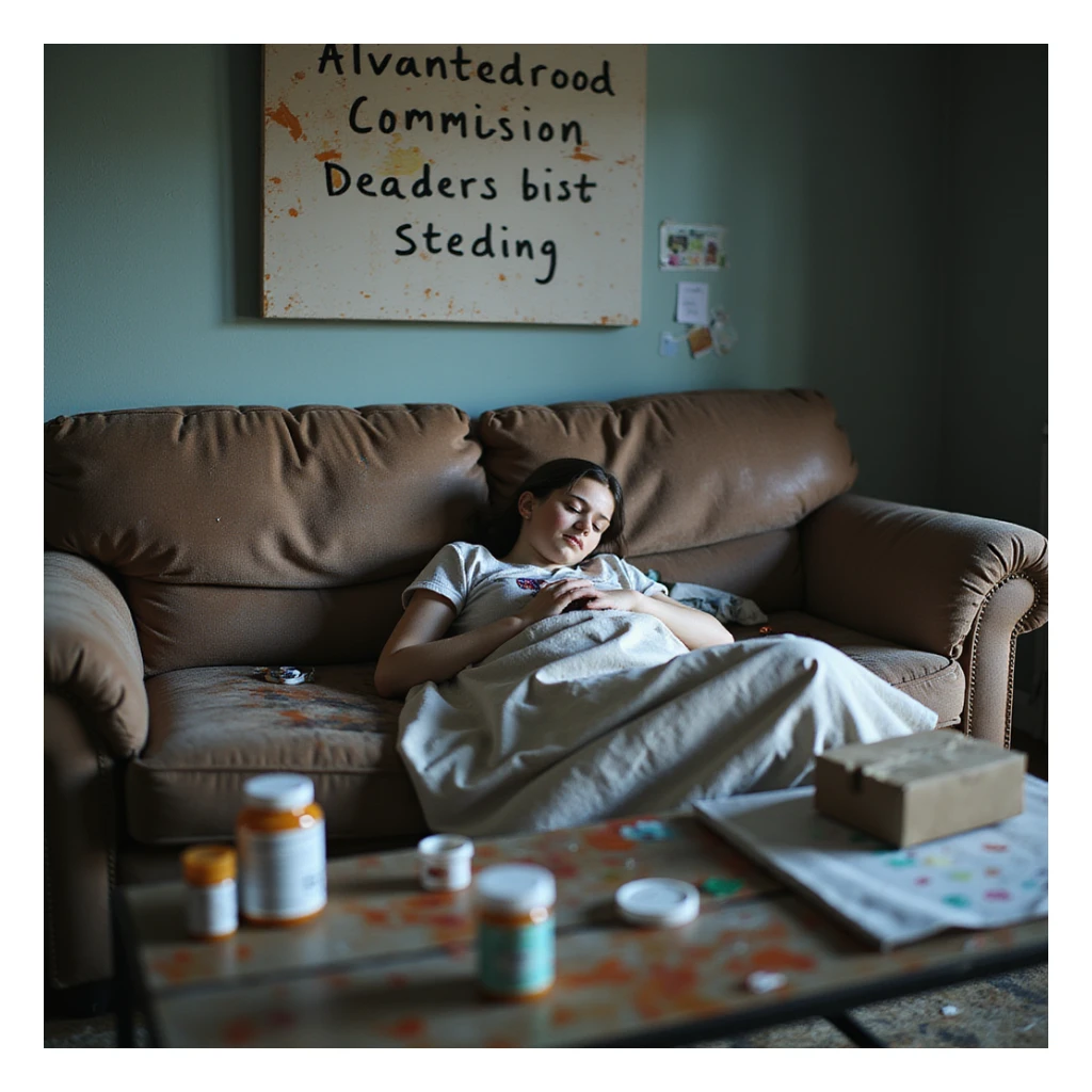 young artist asleep on a paint-stained couch, unfinished commission deadline written above her, medication bottles and a heating pad arranged nearby like war supplies, hyperrealistic 4K, creative and slightly chaotic atmosphere, visible exhaustion sticker