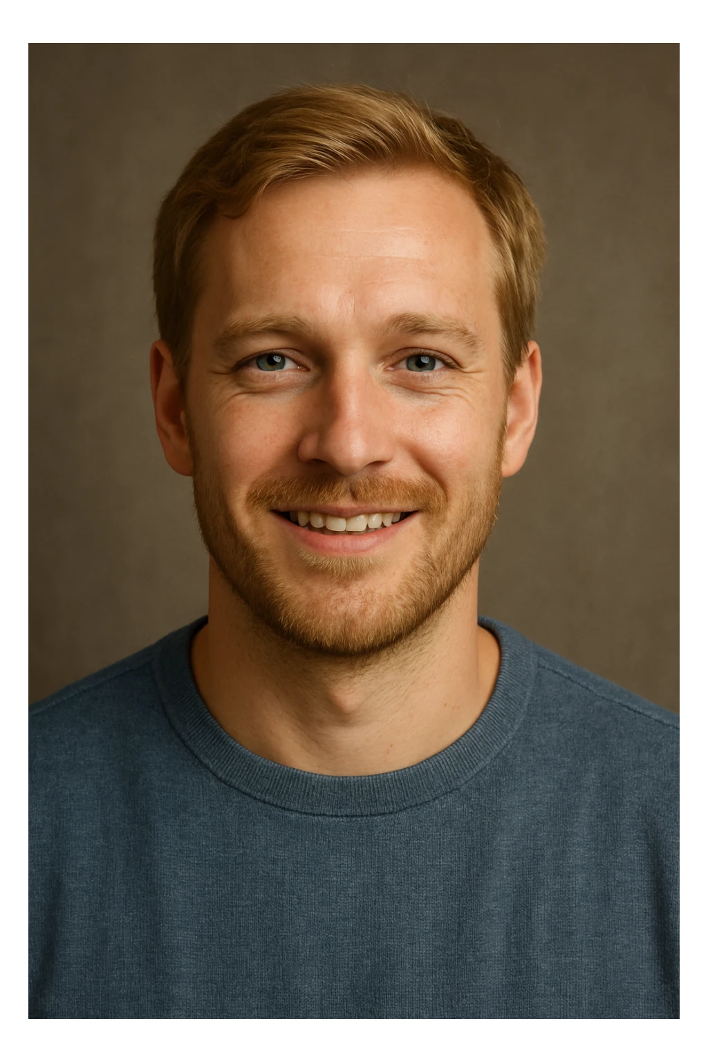 A man, 35 years old, blonde hair, blue eyes, light beard, smiling expression. sticker