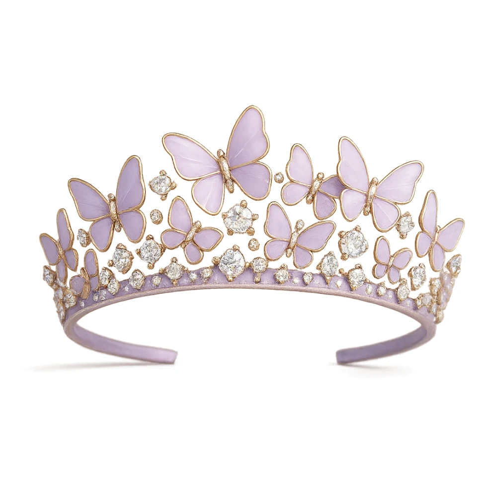 butterfly crown with a violet base, butterflies in pastel purple enamel, sparkling gems sticker