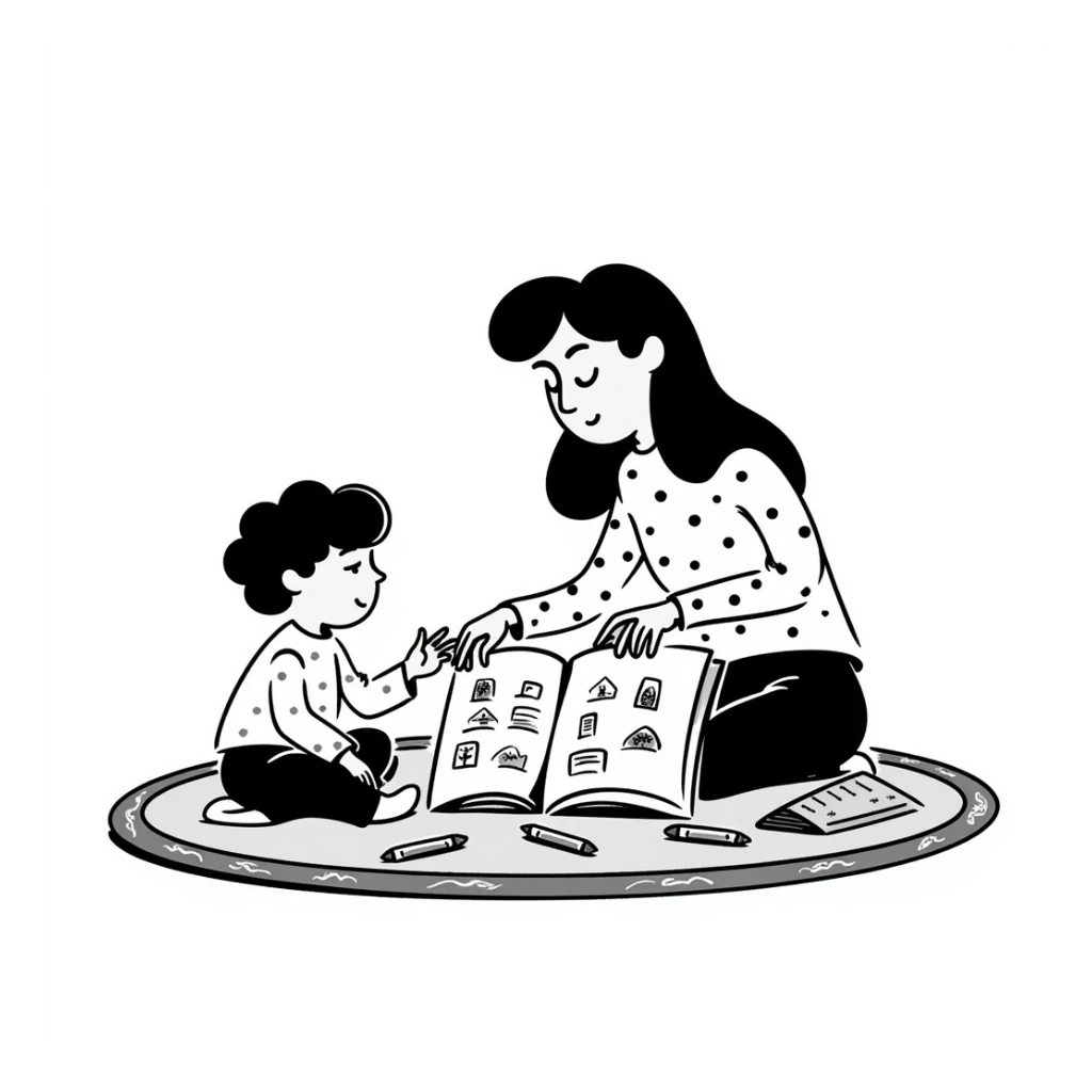 educator or speech therapist with child, who helps child with lessons sticker