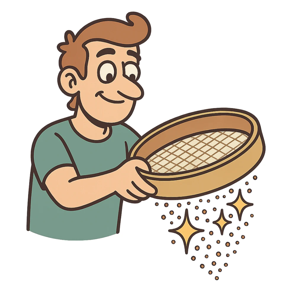 stylized sieve with shining particles passing through, metaphor for kalburüstü sticker