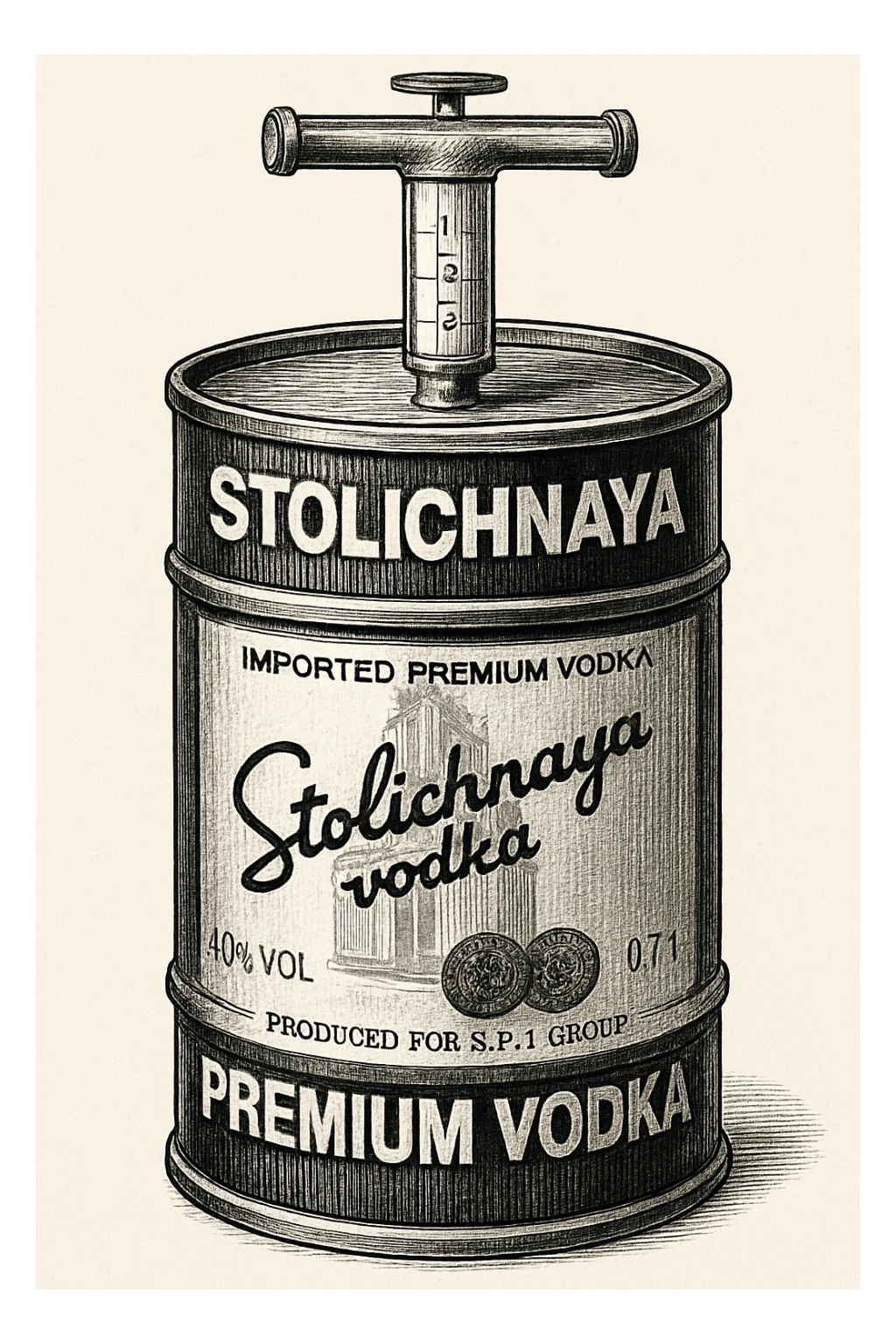 нарисуй в такой форме, как во вложении бутылку водки, но чтобы она была похожую на бочку нефти, в стиле как во вложении второе фото sticker