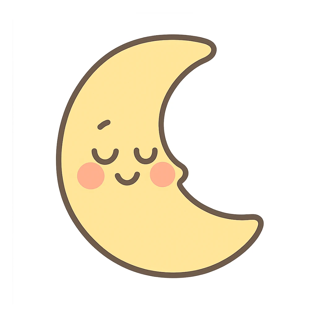 soft pastel sleepy yellow crescent moon with gentle smile and blushing cheeks, no arms, no legs, full body, kawaii style sticker