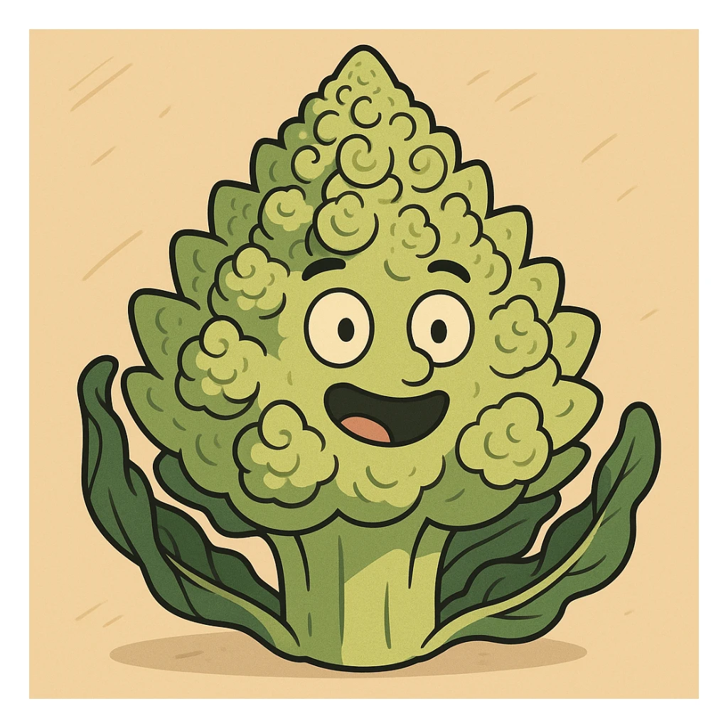 a cartoon Romanesco broccoli with a happy face sticker