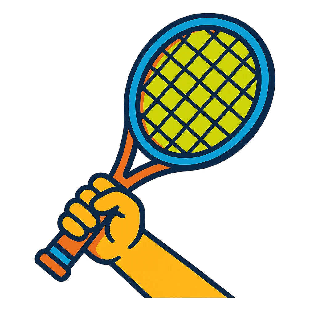 a hand holding a tennis racket, vibrant toon style sticker