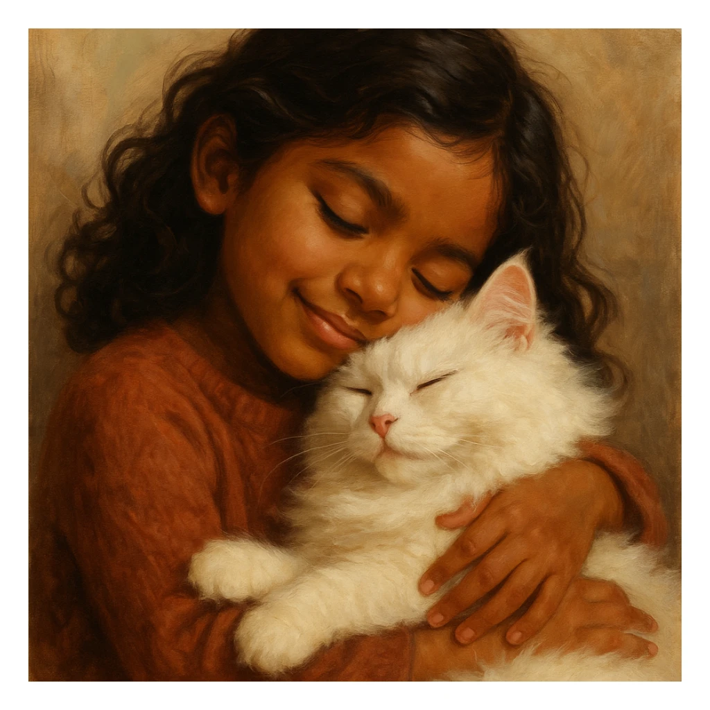 brown girl snuggling fluffy white cat, style 1 sticker