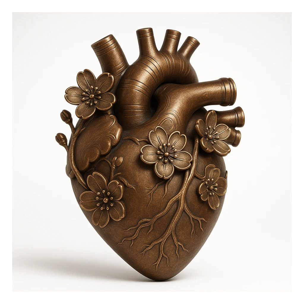 heart with sakura flowers and silver accents, bronze style sticker