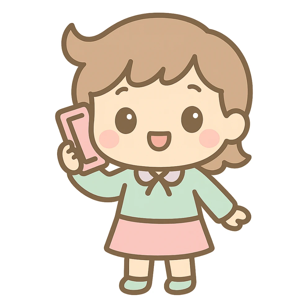 Change the character to answer a phone call instead of holding a tray, maintaining the kawaii chibi anime style with flat pastel colors, thick outlines, and simple cute features. Keep the background transparent. sticker