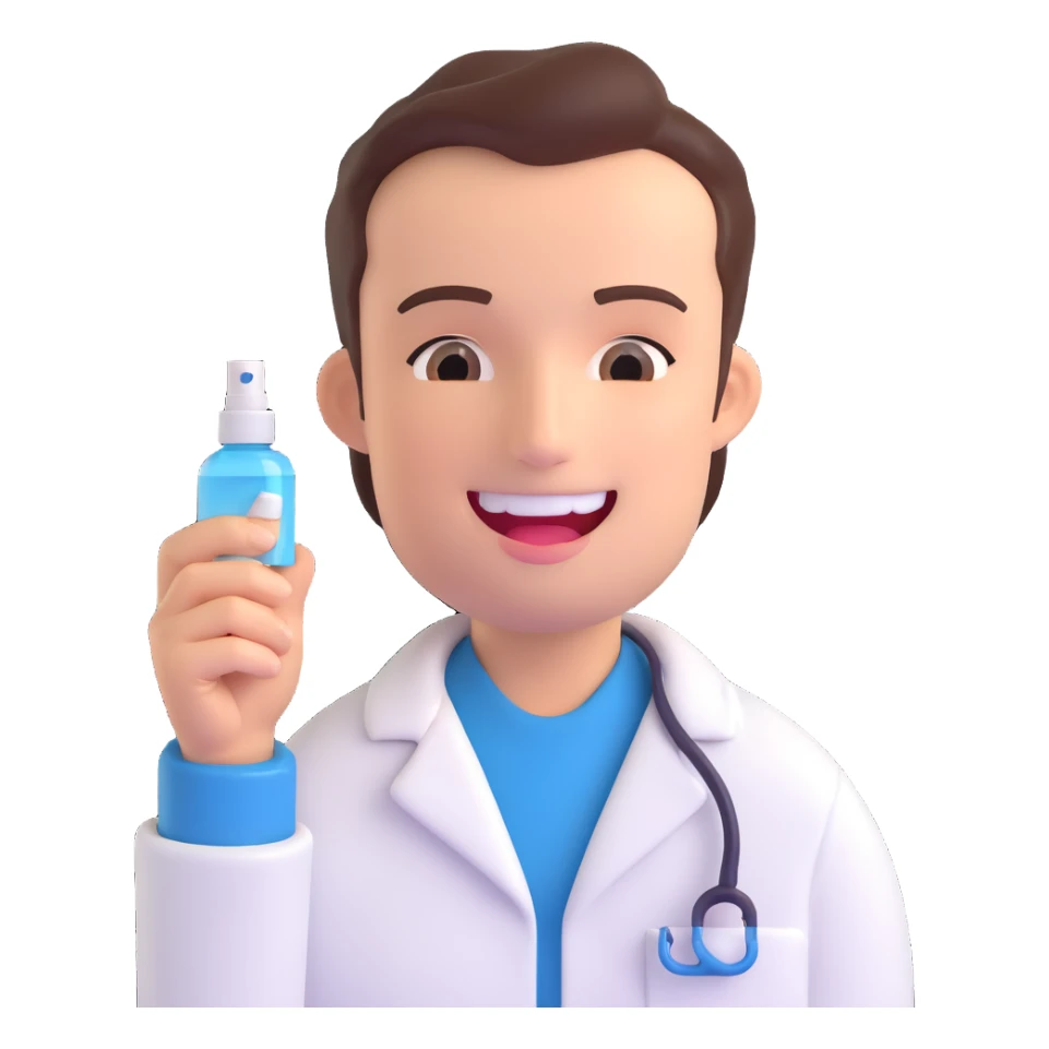 a dentist holding a mouth spray, clean and friendly, in a dental clinic setting sticker