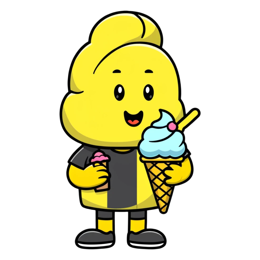 Yellow man with black shirt eating a vanilla ice cream in a cone sticker