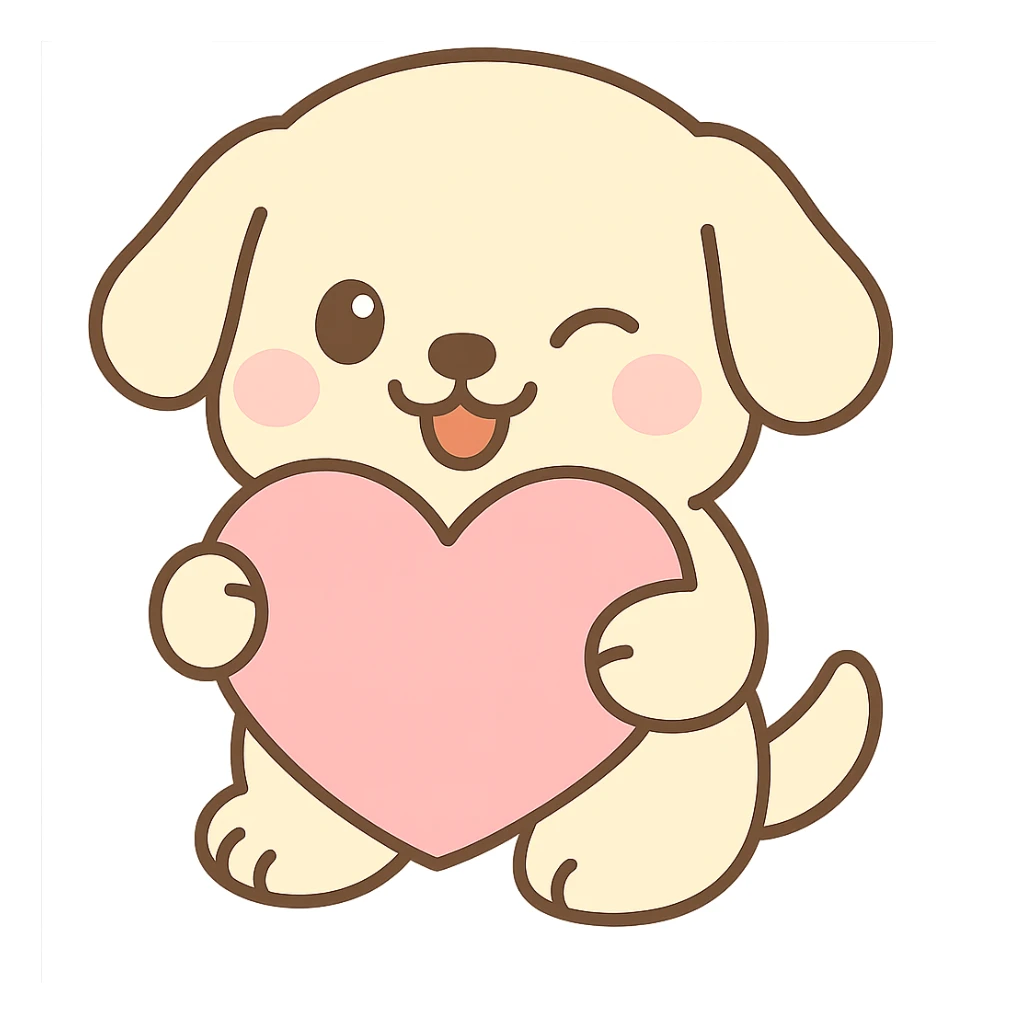 A cute white cream retriever hugging a pretty pink heart pillow winking and playfully smiling, no background, cute style. sticker