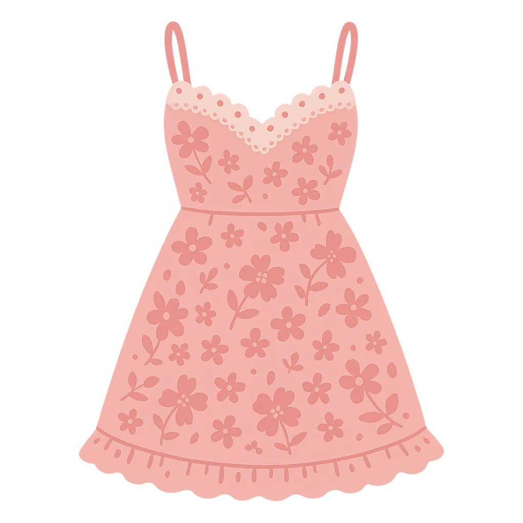 frilly lacey floral pink summer sundress, flat vector sticker