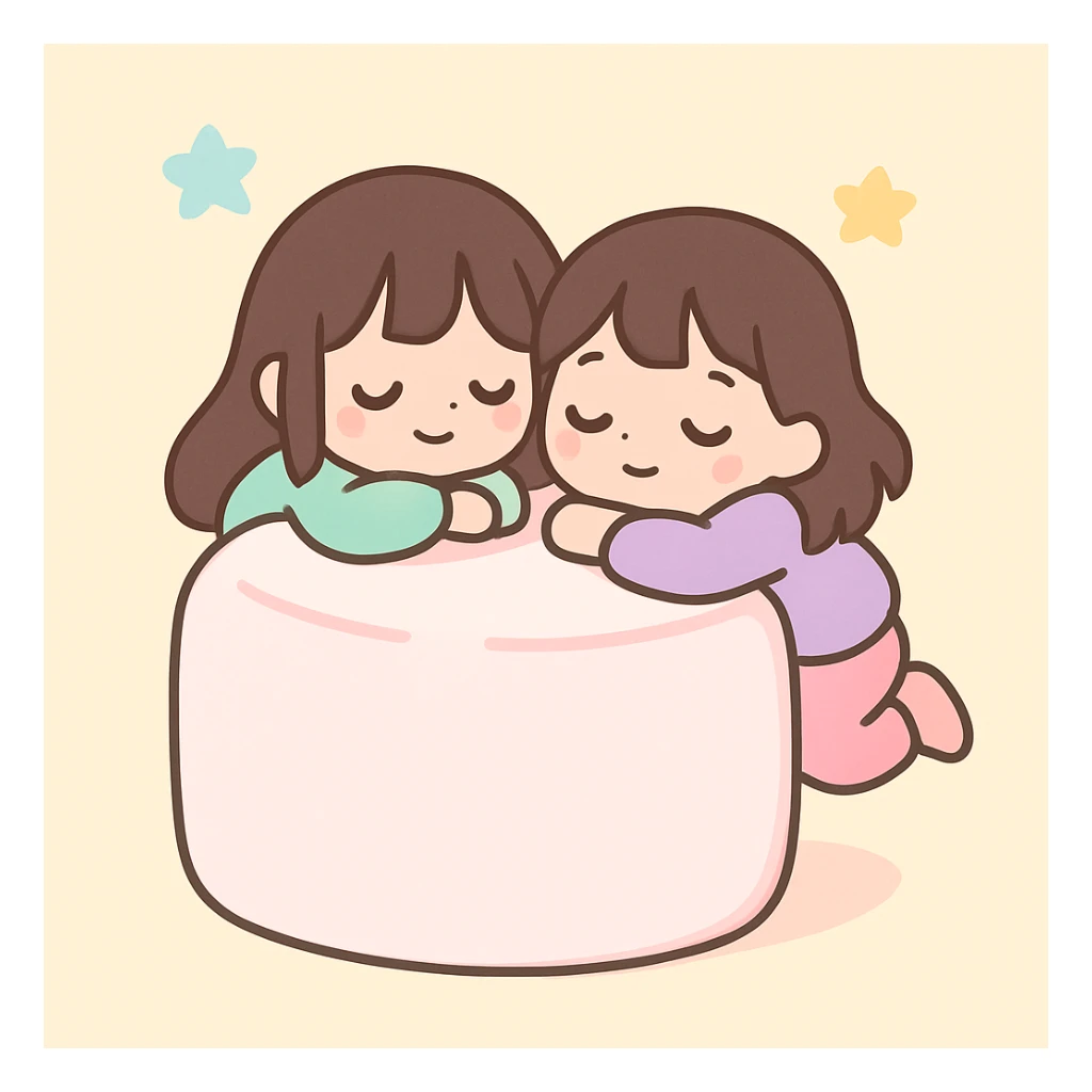 two brunette girls resting on a huge marshmallow, peaceful, whimsical style, cute illustration, soft pastel colors sticker