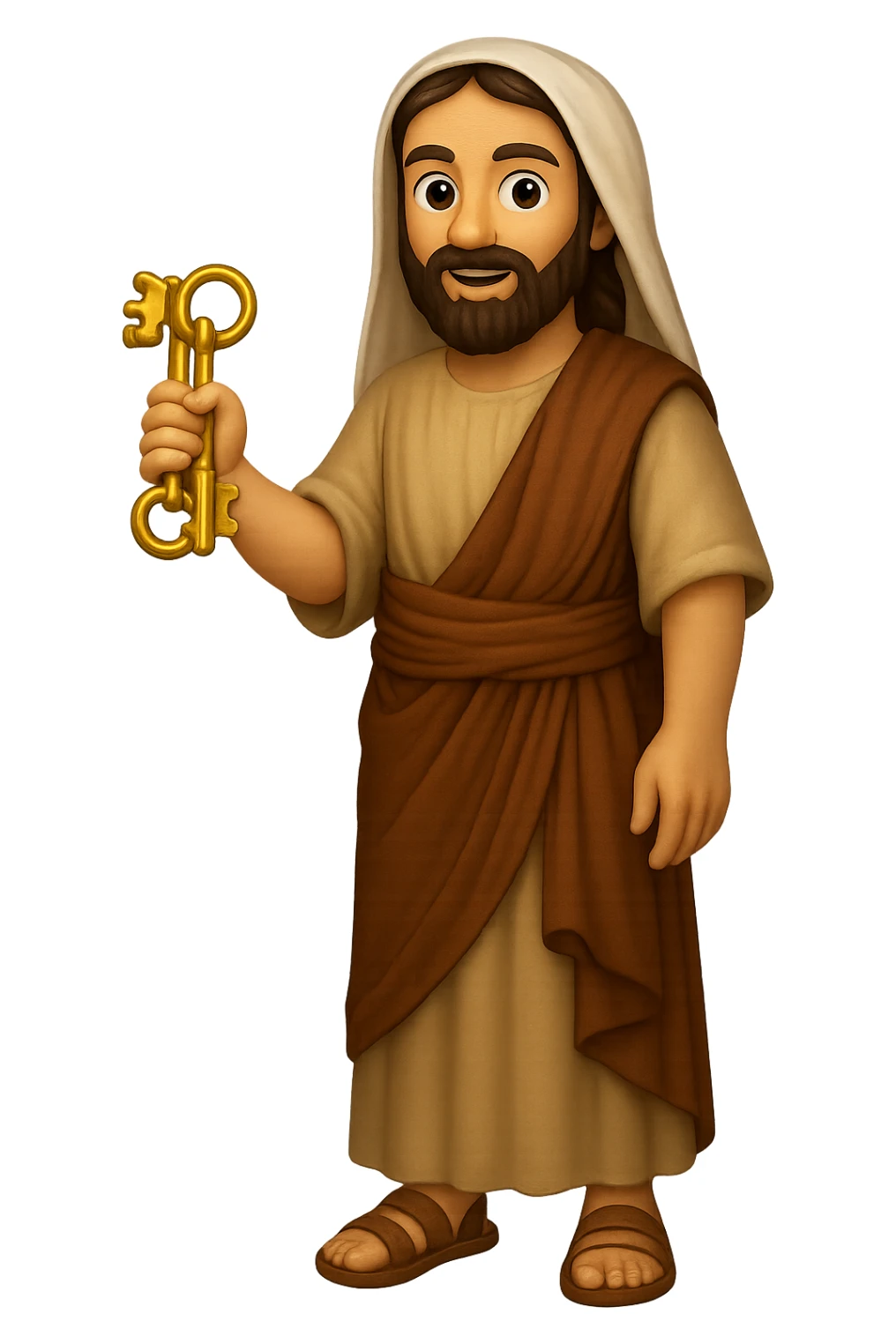 Create a fullbody apostle Peter in high detail, emoji style, wearing plain robes like the reference image, holding keys, full beard, standing, intricate clothing. The style should resemble emoji style with clear details and colors. sticker