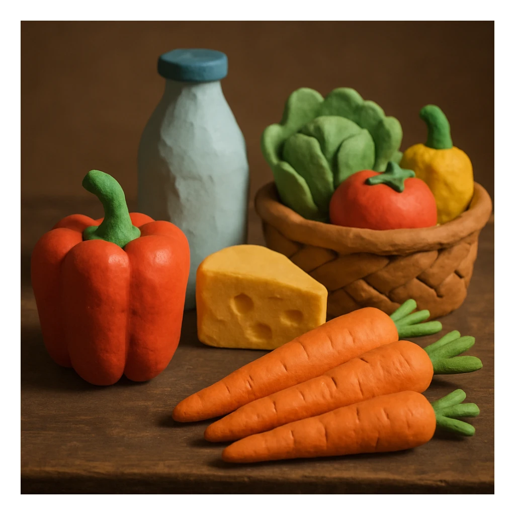 claymation style organic products on a rustic table sticker