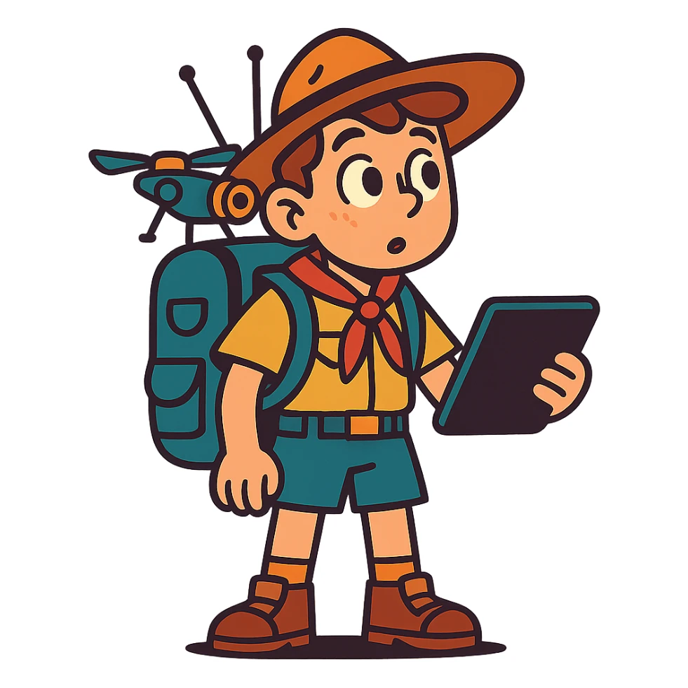 young scout with a tablet and antennas on his backpack, small drone perched on his shoulder, curious expression sticker