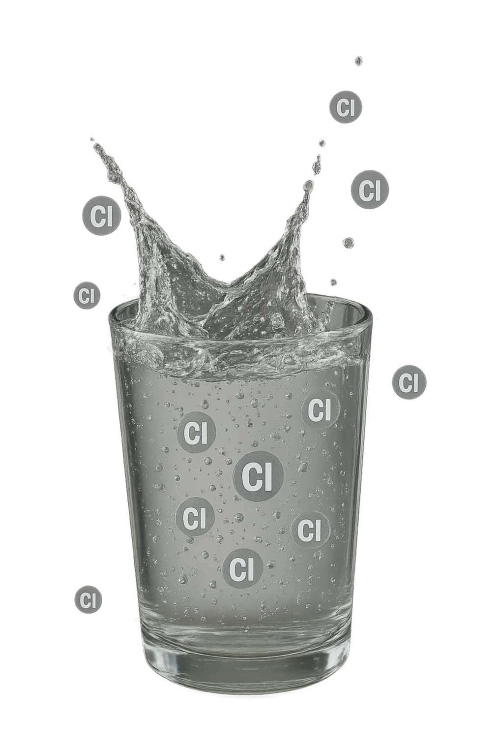 un bicchiere di acqua cade verticalmente dall'alto realistico e dettagliato, dentro l'acqua del bicchiere ci sono particelle di cloro ben visibili con la scritta "Cl" sopra, ci sono particelle anche che escono dal bicchiere e fluttuano in aria verticalmente, mentre alcune sono all'interno dell'acqua nel bicchiere, iperrealistico 4k sticker