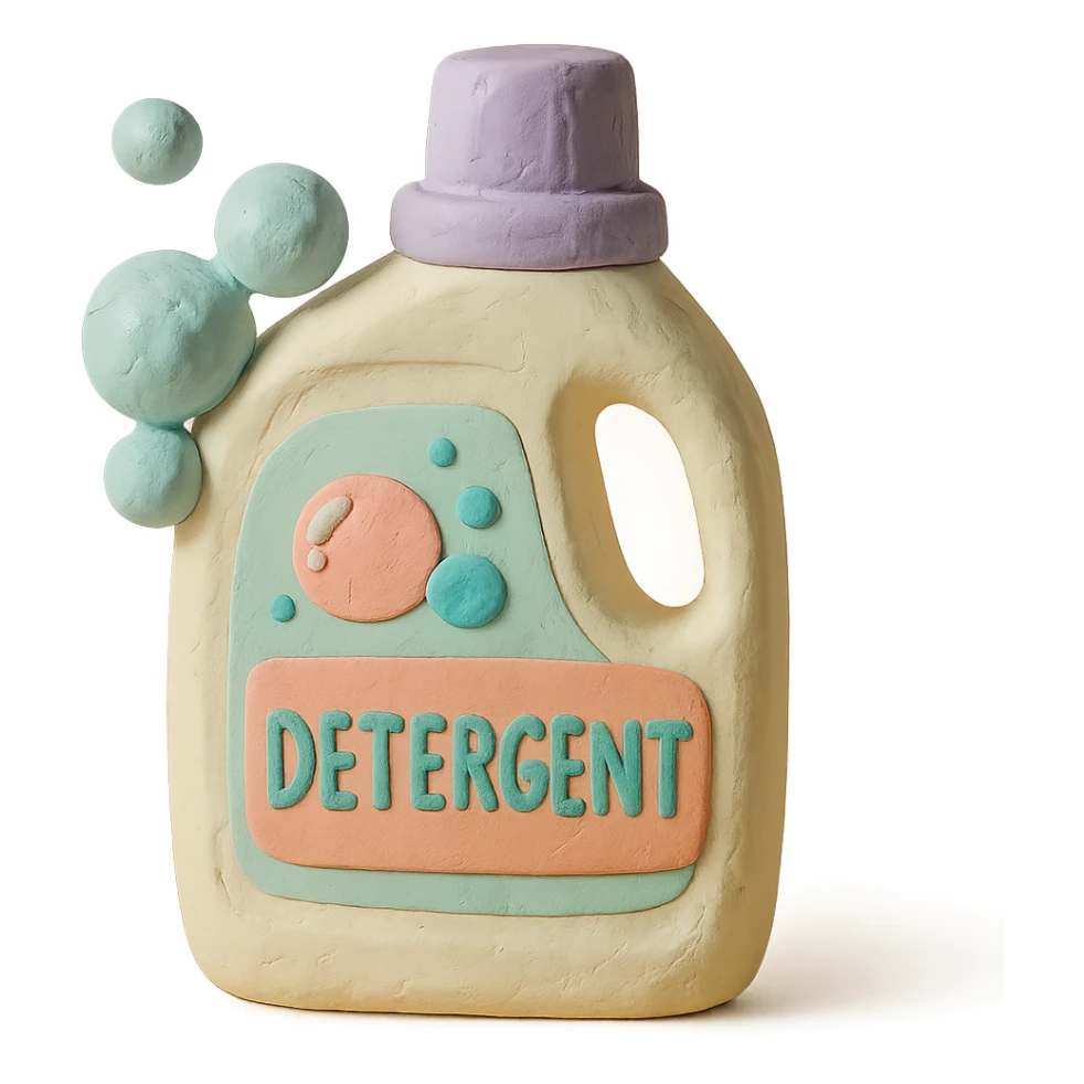 detergent bottle in claymation style with bubbles and a playful label, pastel palette sticker