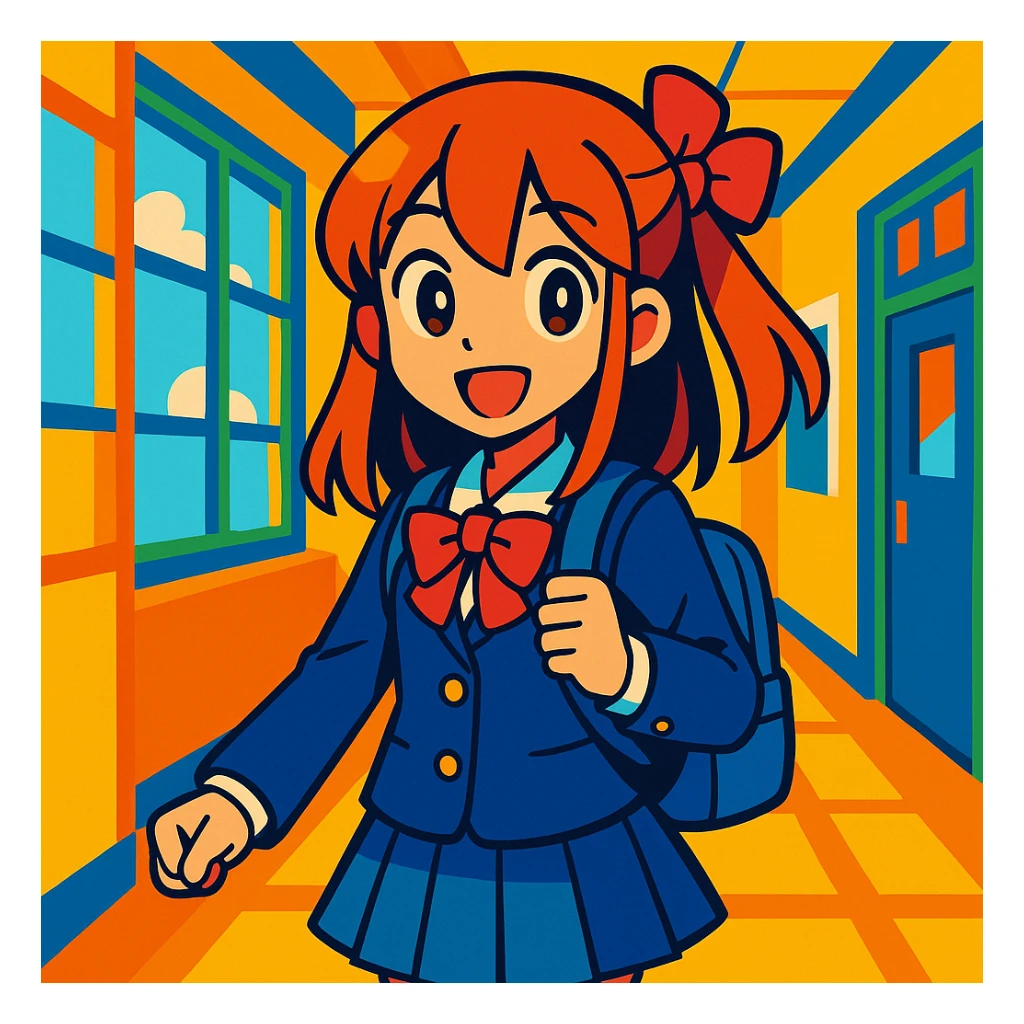 anime school girl in school setting, vibrant toon style sticker