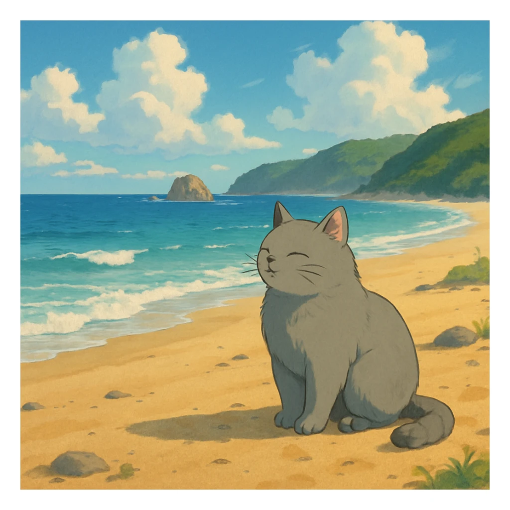 cat on a beach, ghibli style sticker