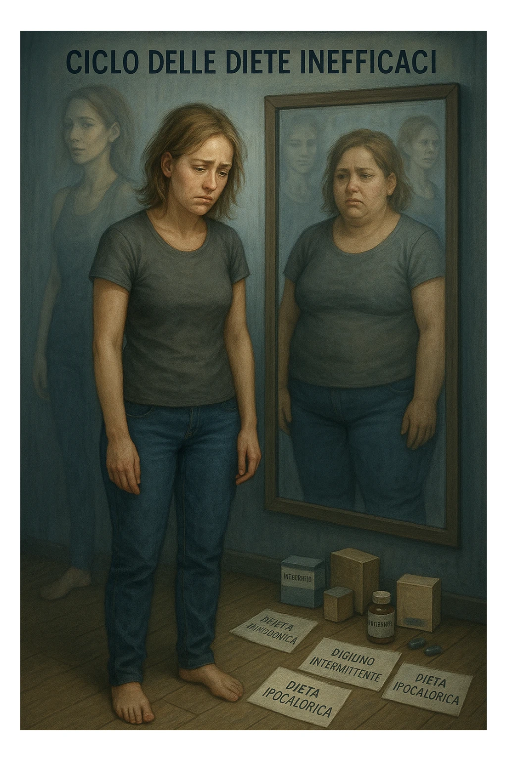 Donna tra i 30 e i 40 anni, in piedi davanti a uno specchio, con espressione delusa e stanca. Accanto a lei, sul pavimento, scatole di integratori, foglietti con scritte tipo 'Dieta chetogenica', 'Digiuno intermittente', 'Dieta ipocalorica'. Riflesso nello specchio mostra una versione di sé con peso aumentato, come se fosse tornata indietro nel tempo. Attorno a lei, immagini sbiadite o sovrapposte di sé in passato, quando era dimagrita. Atmosfera emotiva, simbolica, con luce fredda e sfumature di frustrazione. Messaggio visivo forte: 'ciclo delle diete inefficaci' in italiano sticker