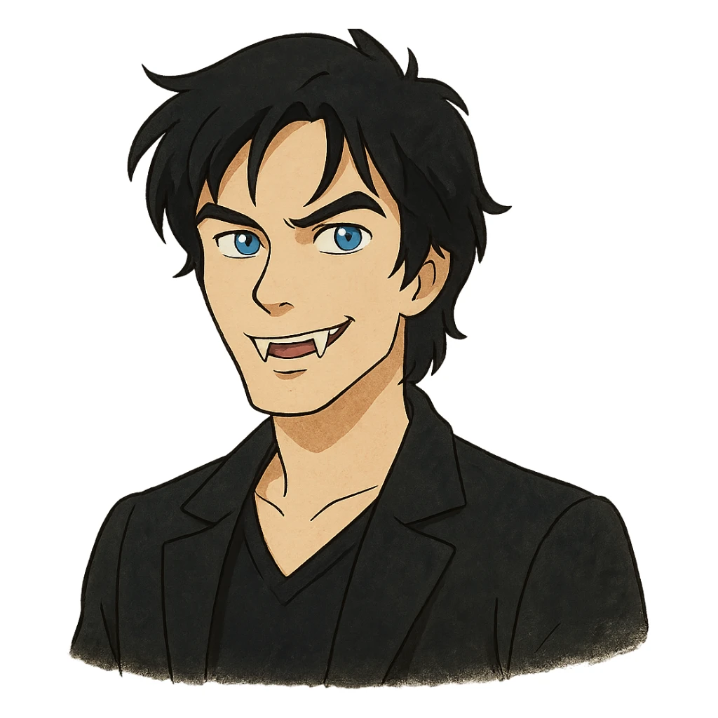 ghibli style Damon Salvatore as a vampire with dark hair, blue eyes, fangs, charming expression sticker