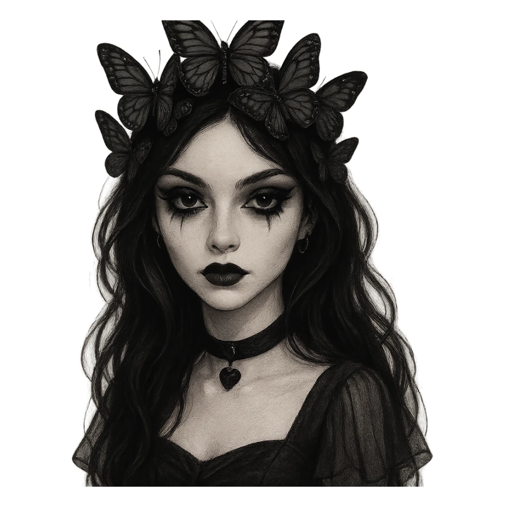 gothic emo girl with a heart-shaped face, butterfly crown, dark eyeliner, mysterious and elegant sticker