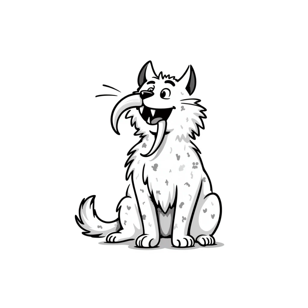 sketch of a saber-toothed cat with ludicrously long canine teeth that extend far below its body, extreme sword-like tusks sticker