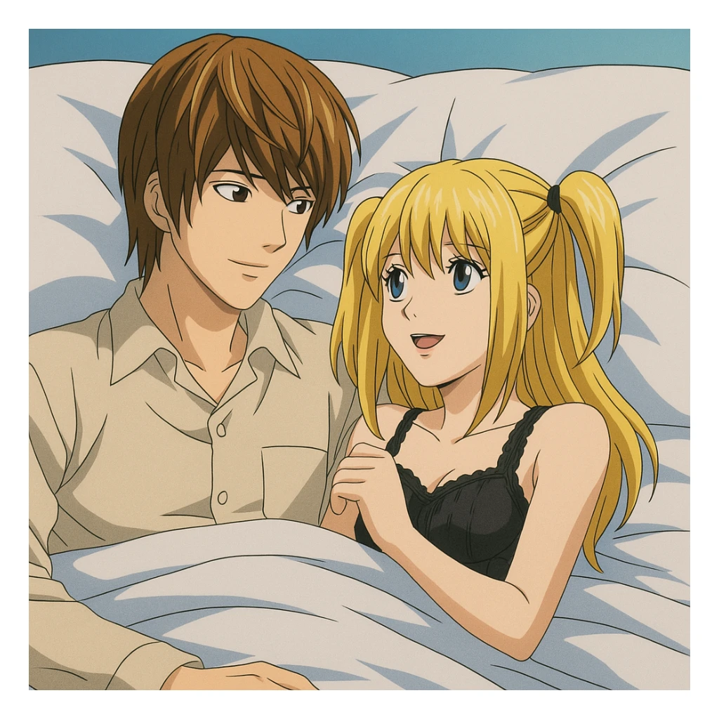 Light Yagami and Misa Amane in a bed, classic anime style, bright colors sticker