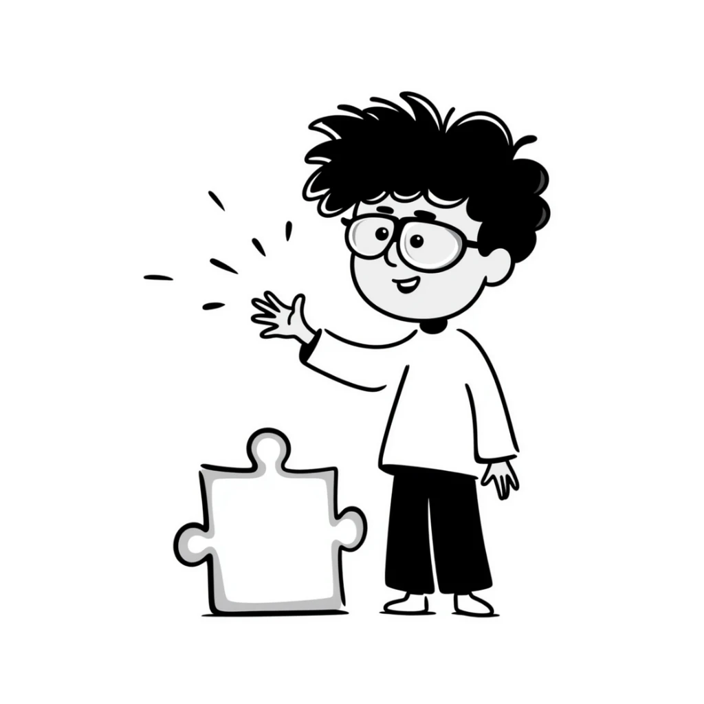 hand-drawn genius boy with wild hair, glasses, and a puzzle piece symbol sticker