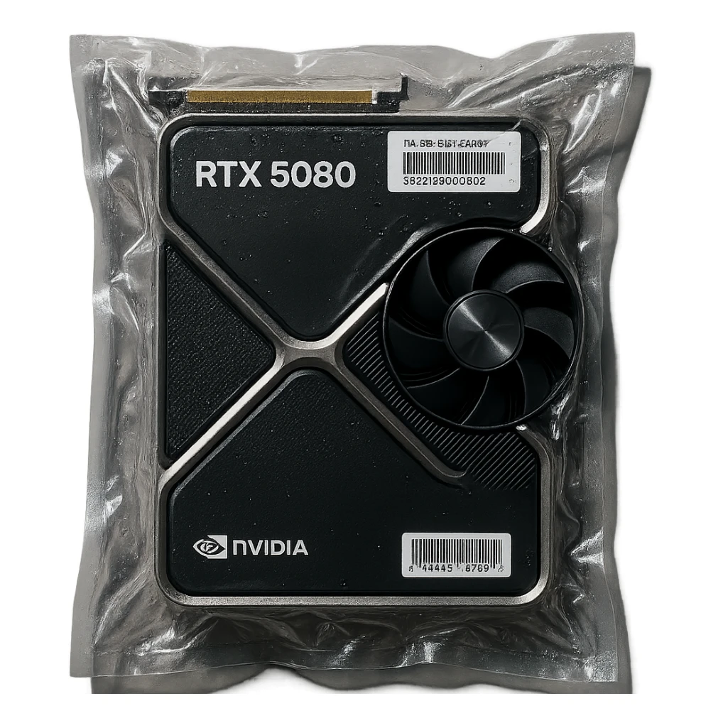 vacuum-sealed Nvidia RTX 5080 GPU, tightly wrapped and glossy sticker