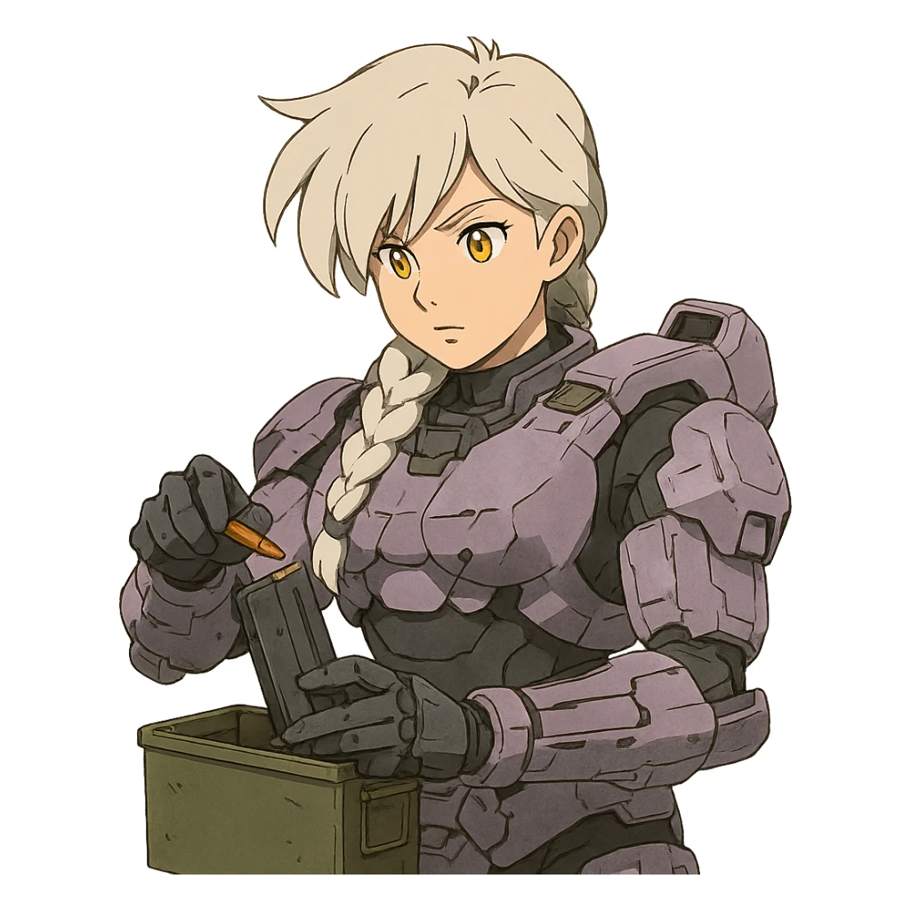 female, wearing reach spartan armor default, long white braid hair with massive messy front side single bangs, gold yellow eyes, attention pose, HALO:series, no helmet, the armor is lavender color scheme, shoulder pad off. DDD bust size fitting. Punk gothic cyberpunk, loading a magazine from a green ammo box sticker