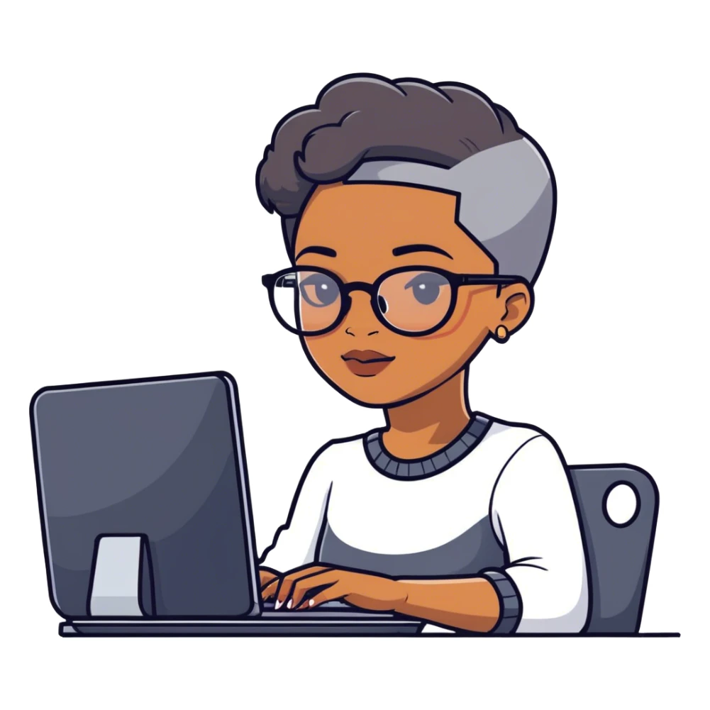 Light skinned Black girl with glasses natural gray haircut shaved sides working on computer sticker