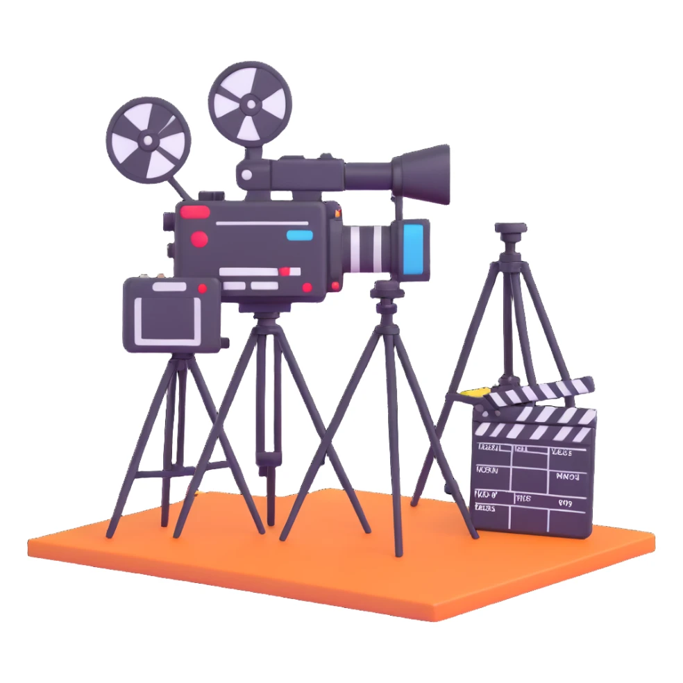 movie set with film crew, cameras, and clapperboard sticker