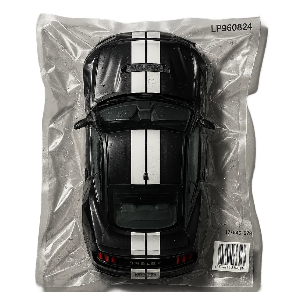 black Shelby Mustang GT 500, viewed from above, vacuum-sealed in clear plastic sticker