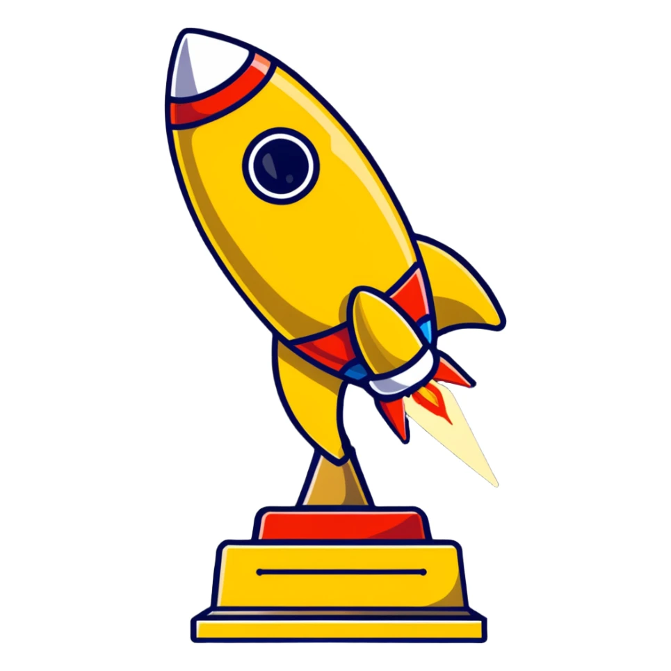 Golden rocket achievement award, shiny gold rocket on a trophy stand sticker