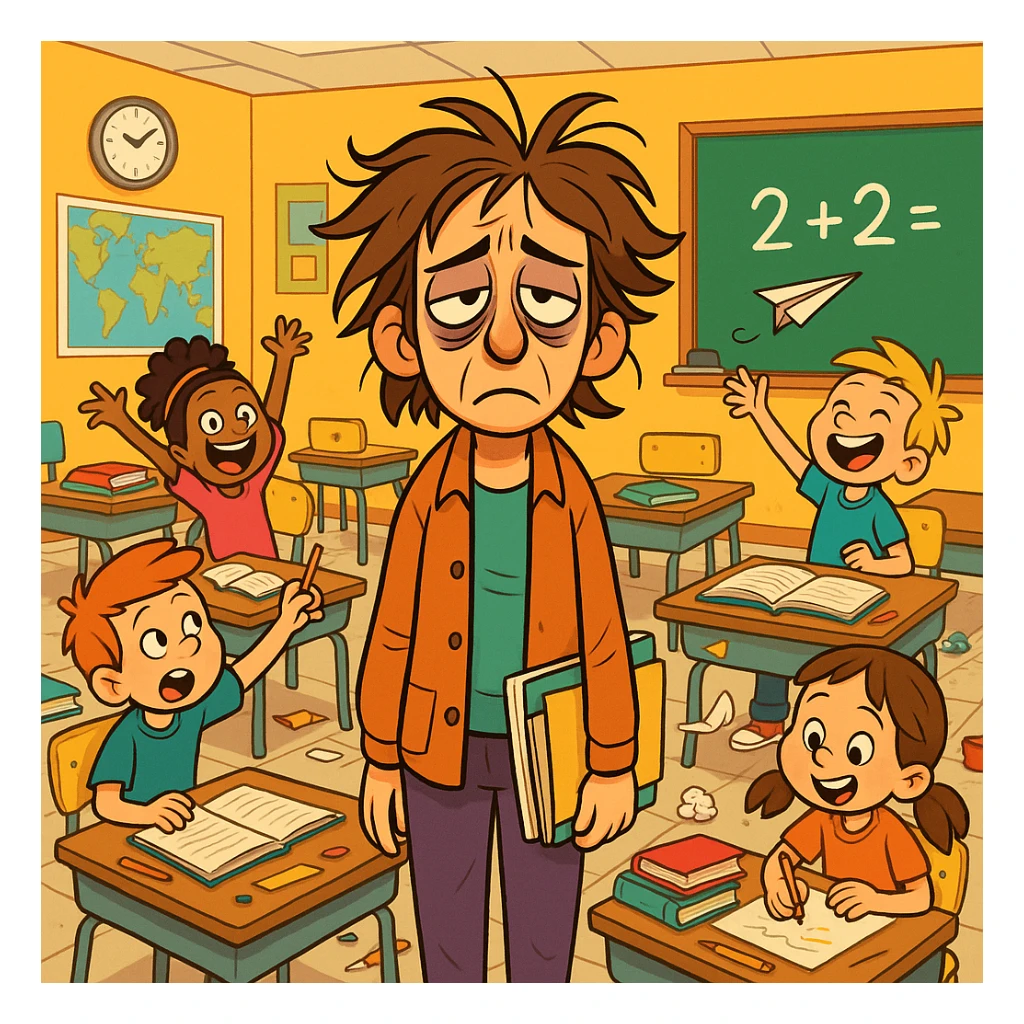 digital cartoon art of a exhausted teacher in a bustling classroom sticker