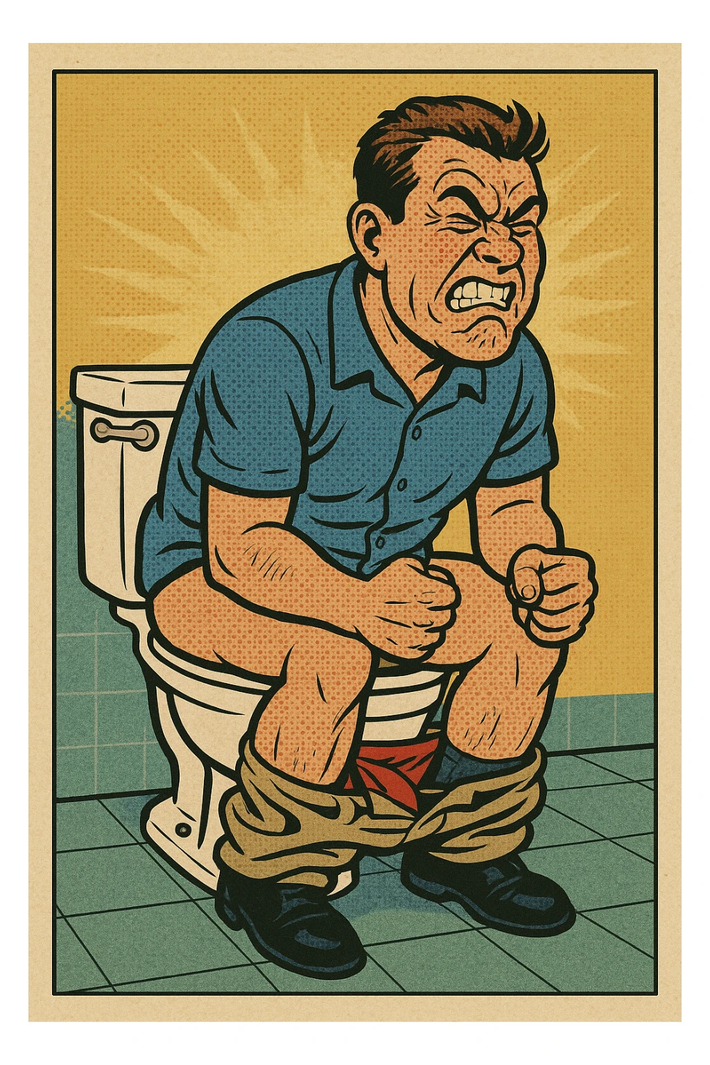 man on toilet, straining face, humorous, comic style sticker