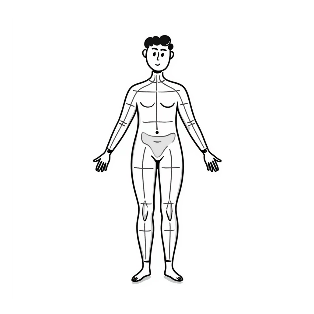 Human figure with digital measurement lines and grid pattern overlay, 3D body scan visualization sticker