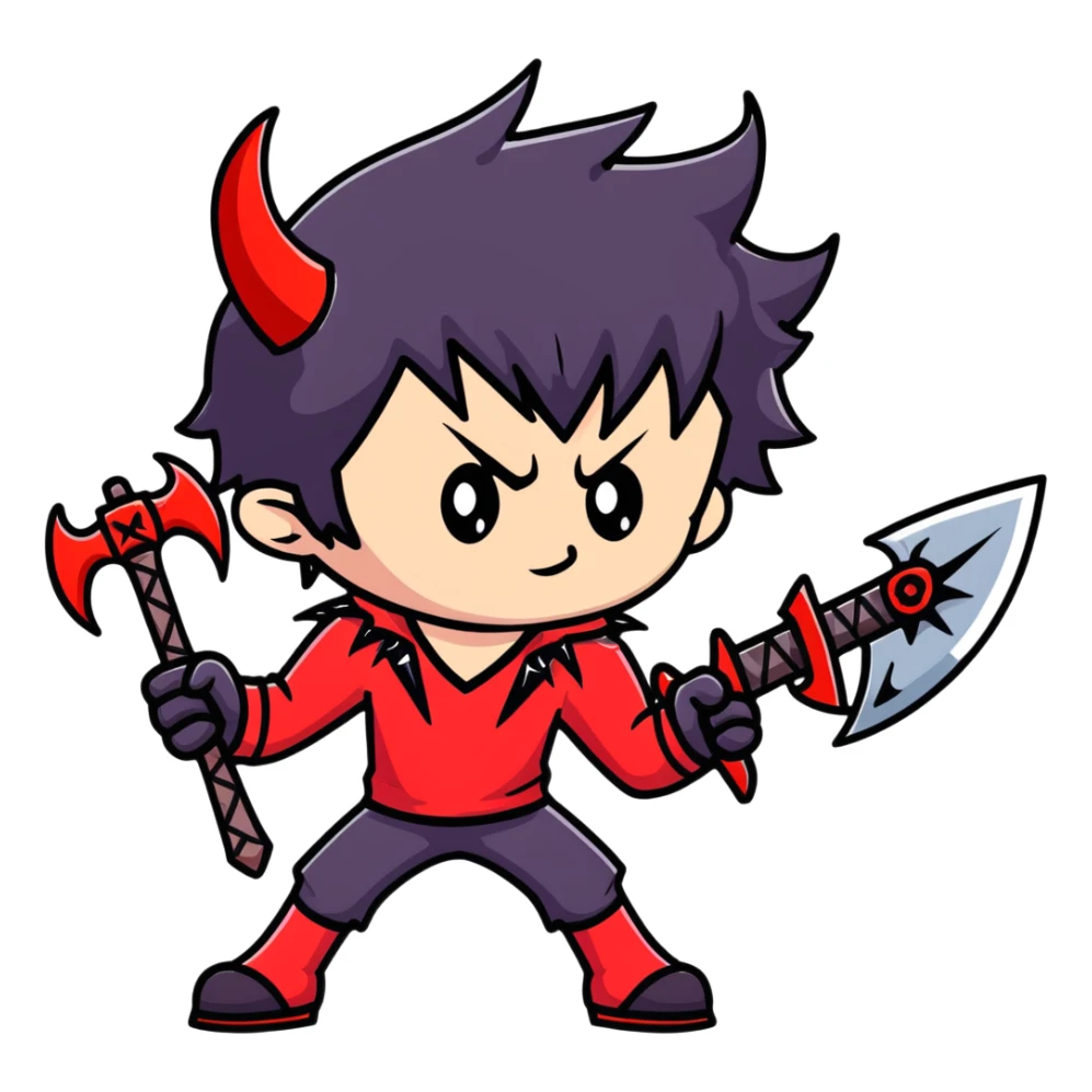 Anime devil boy with spiky black hair, red horns, and a battle axe sticker