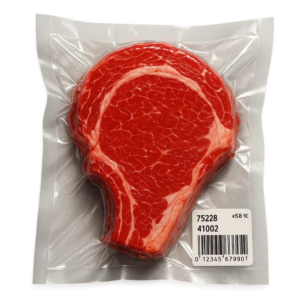 juicy steak, shiny and inflated vacuum-sealed style sticker