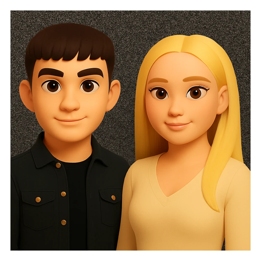 Make the people in the image stand slightly farther apart from each other while preserving the original style and background. sticker