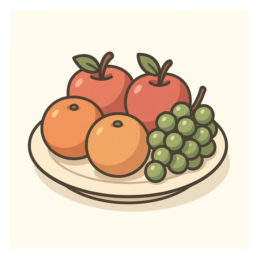 a plate with assorted fruits including apples oranges and grapes in 2D isometric illustration style sticker