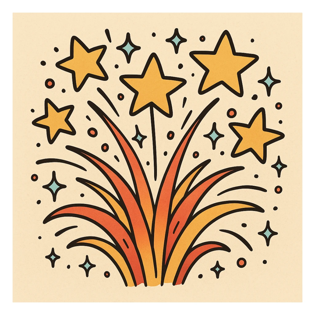 cartoon-style firework bursting with stars and sparkles, playful, bold colors, festive sticker